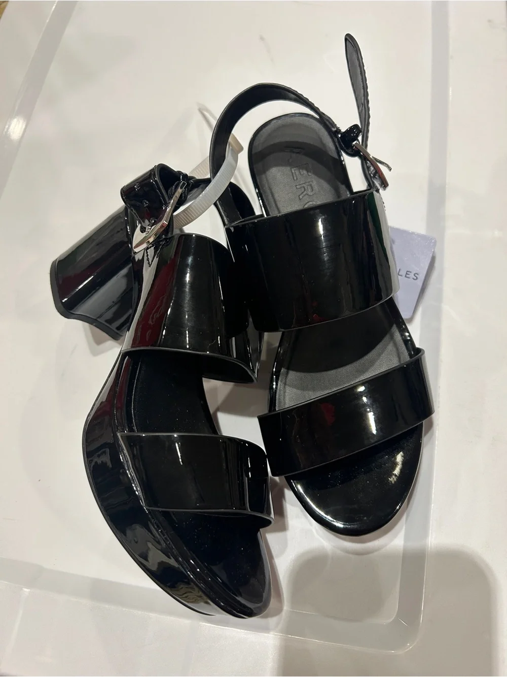 Aerosoles size 6W Camila Patent Platform Block-Heel Sandals Black NWOB